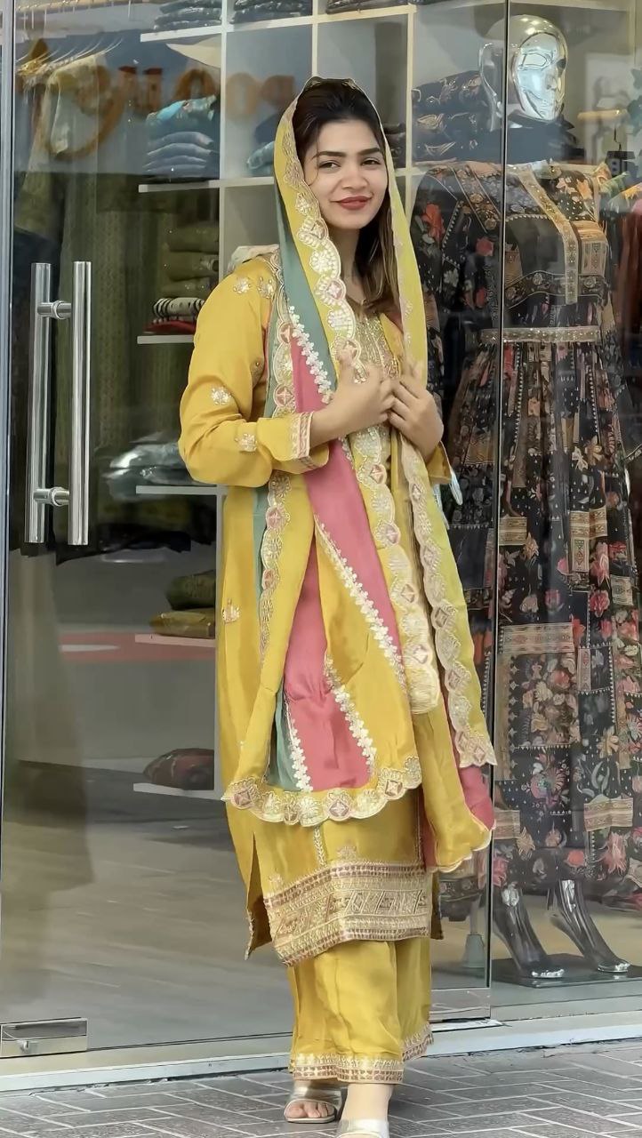 Yellow Faux Georgette Embroidered Palazzo Suit with Sequence Work