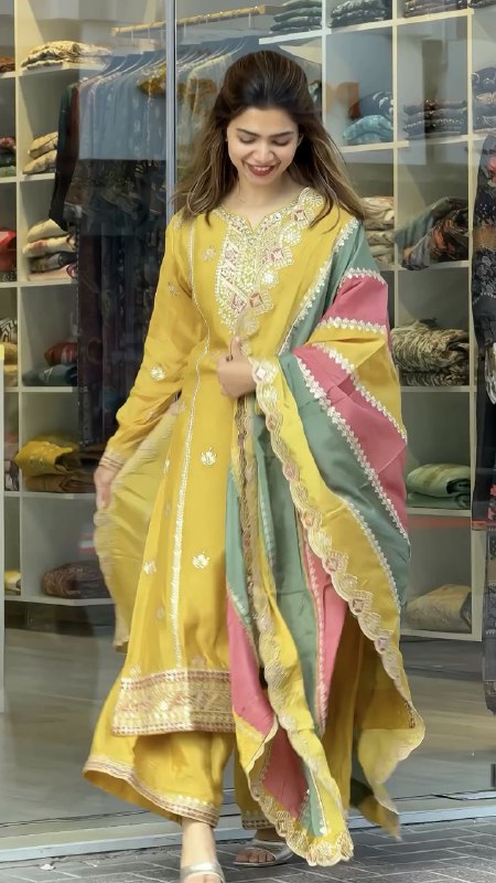 Yellow Faux Georgette Embroidered Palazzo Suit with Sequence Work