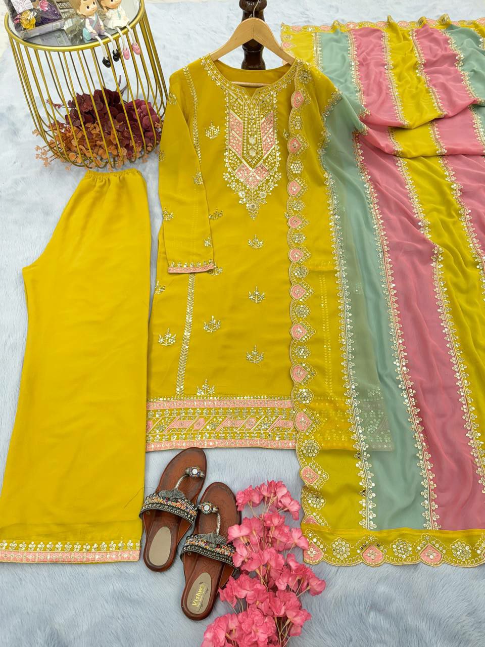 Yellow Faux Georgette Embroidered Palazzo Suit with Sequence Work