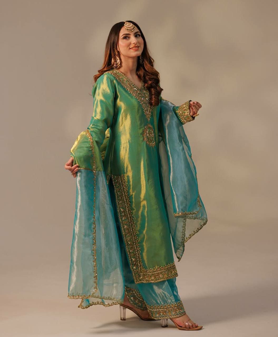 Lime Green Organza Embroidered Palazzo Suit
