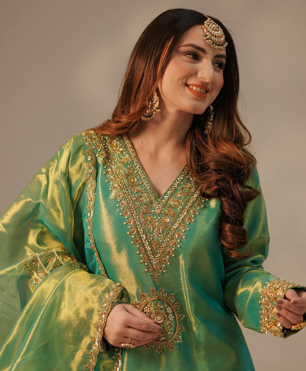 Lime Green Organza Embroidered Palazzo Suit