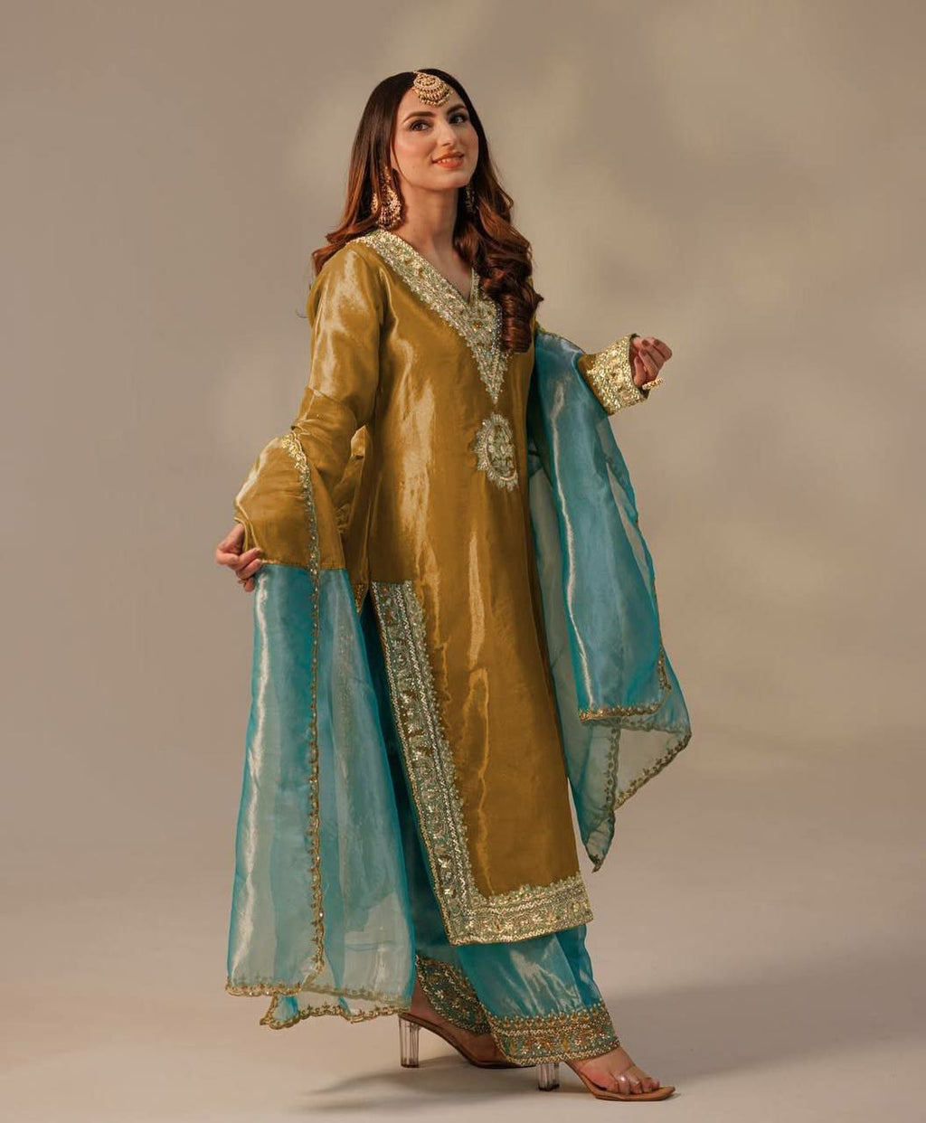 Mustard Organza Embroidered Palazzo Suit Set