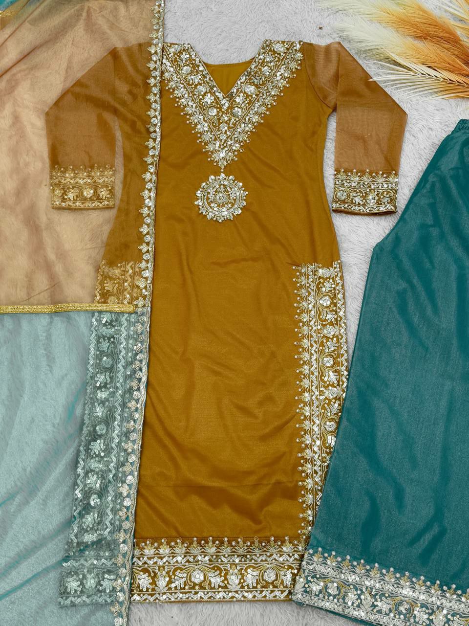 Mustard Organza Embroidered Palazzo Suit Set