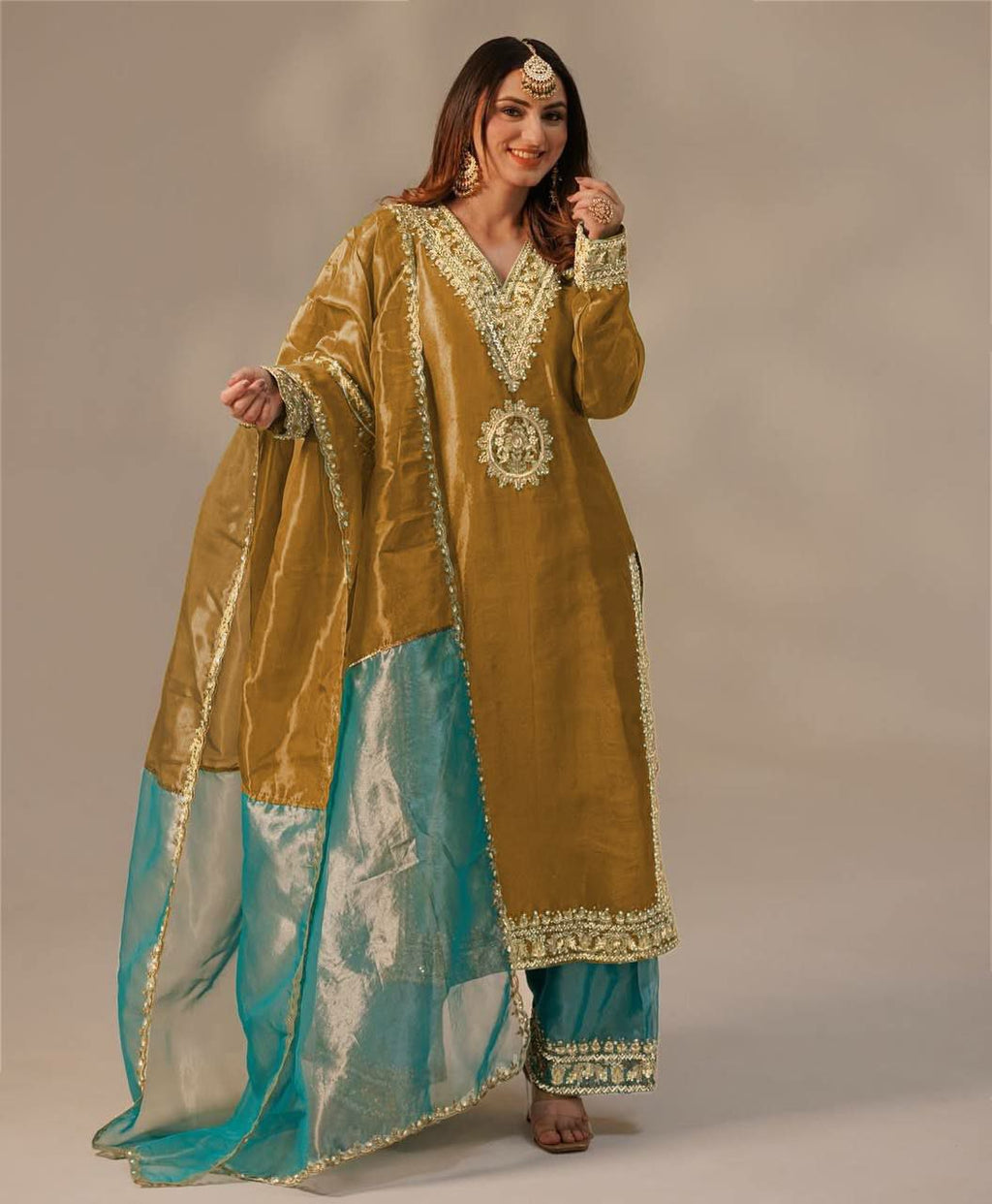 Mustard Organza Embroidered Palazzo Suit with full sleeves
