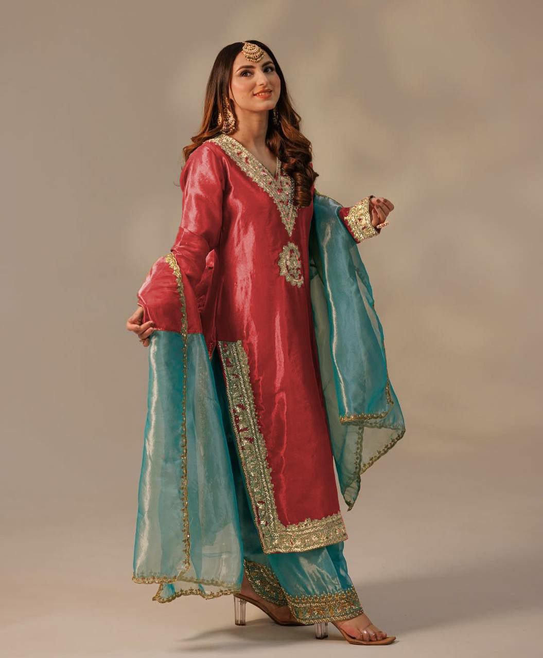 Red Organza Embroidered Palazzo Suit with Full Sleeves
