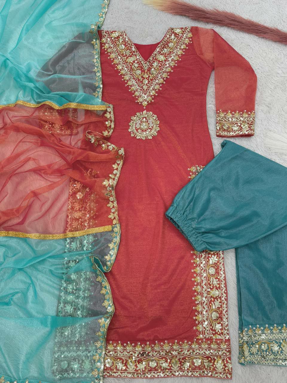 Red Organza Embroidered Palazzo Suit with Full Sleeves