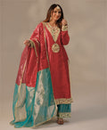 Red organza and twill net silk palazzo suit with heavy embroidery