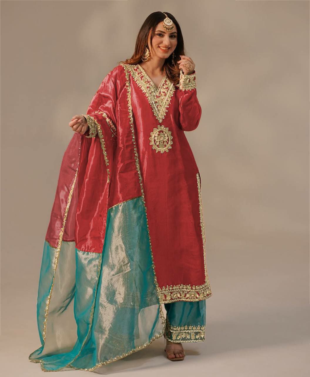 Red organza and twill net silk palazzo suit with heavy embroidery