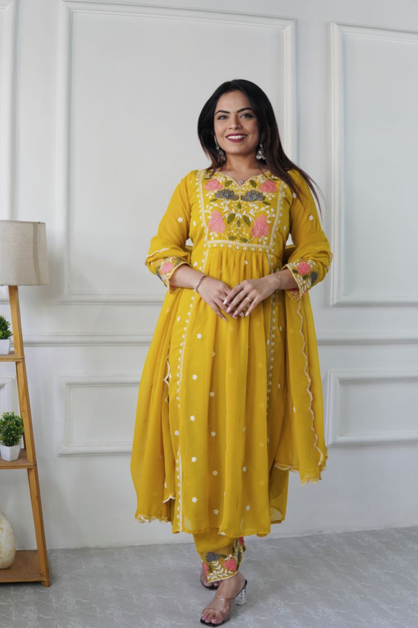 Yellow Georgette Embroidered Salwar Suit
