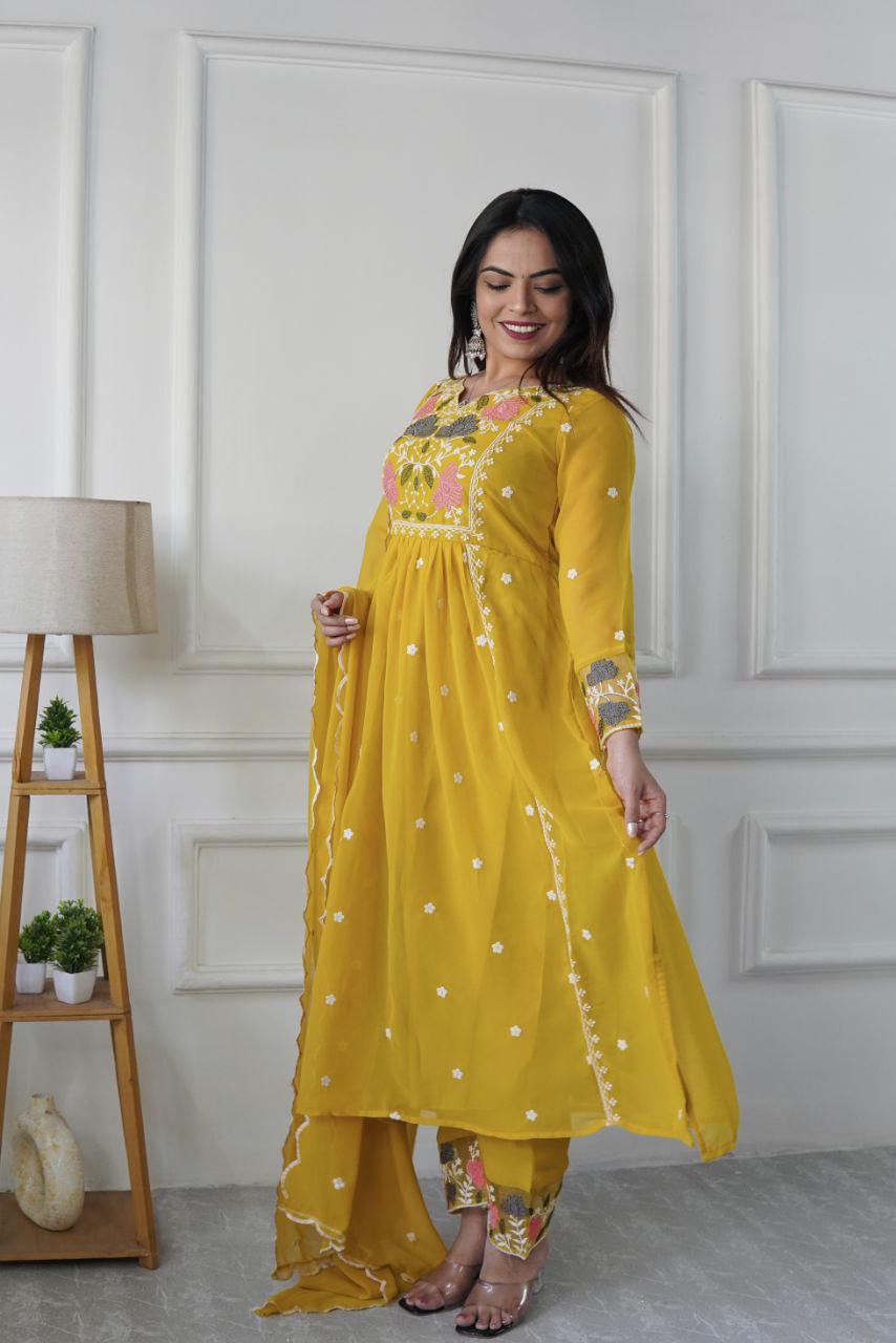 Yellow Georgette Embroidered Salwar Suit