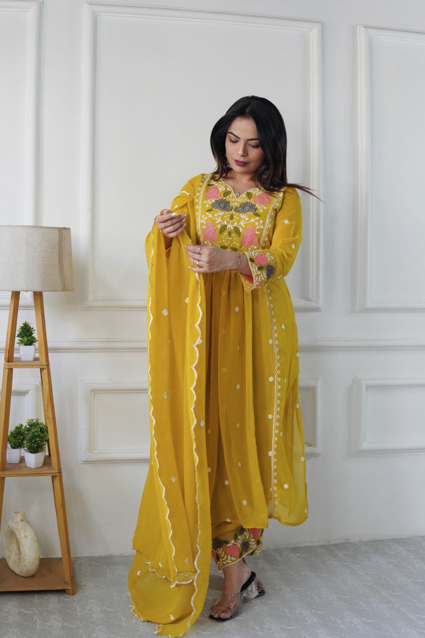 Yellow Georgette Embroidered Salwar Suit