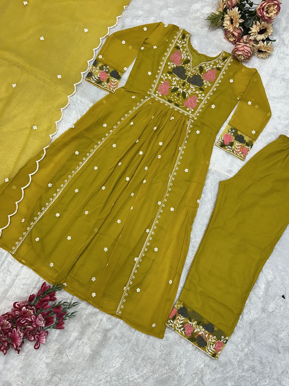 Yellow Georgette Embroidered Salwar Suit