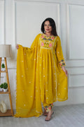 Bright yellow georgette salwar suit with detailed embroidery