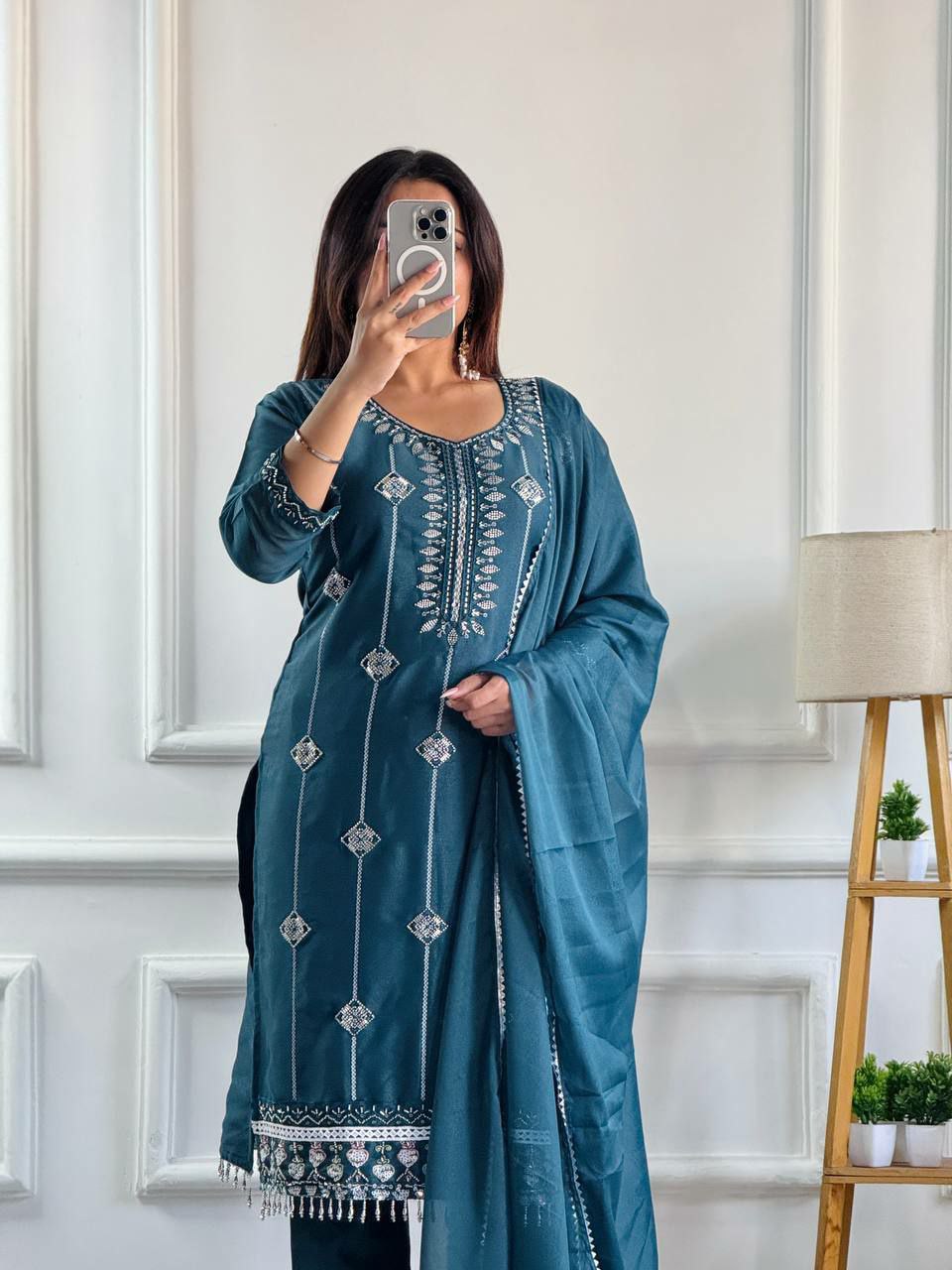 Rama Georgette Embroidered Salwar Suit with Moti Work