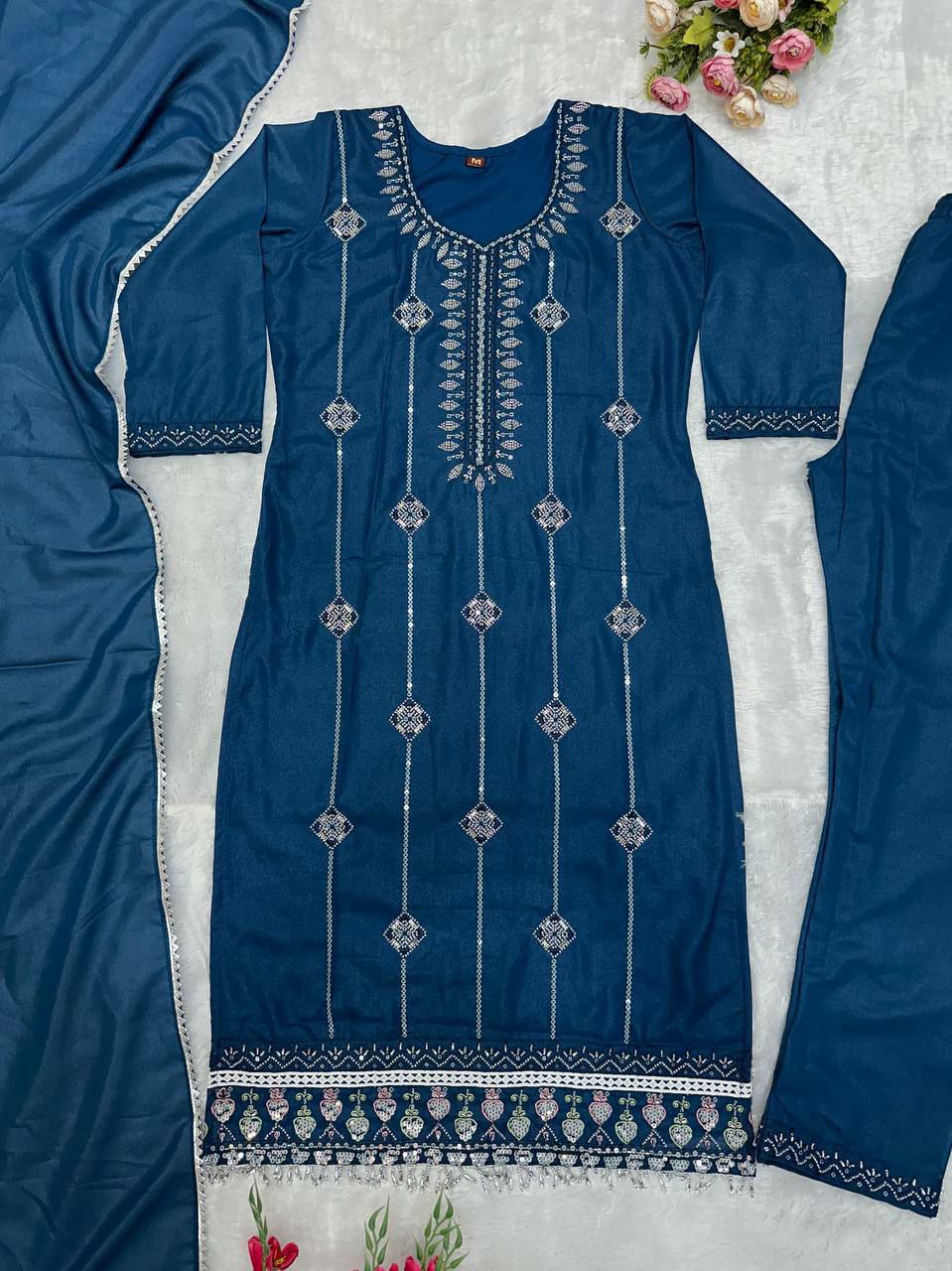 Rama Georgette Embroidered Salwar Suit with Moti Work