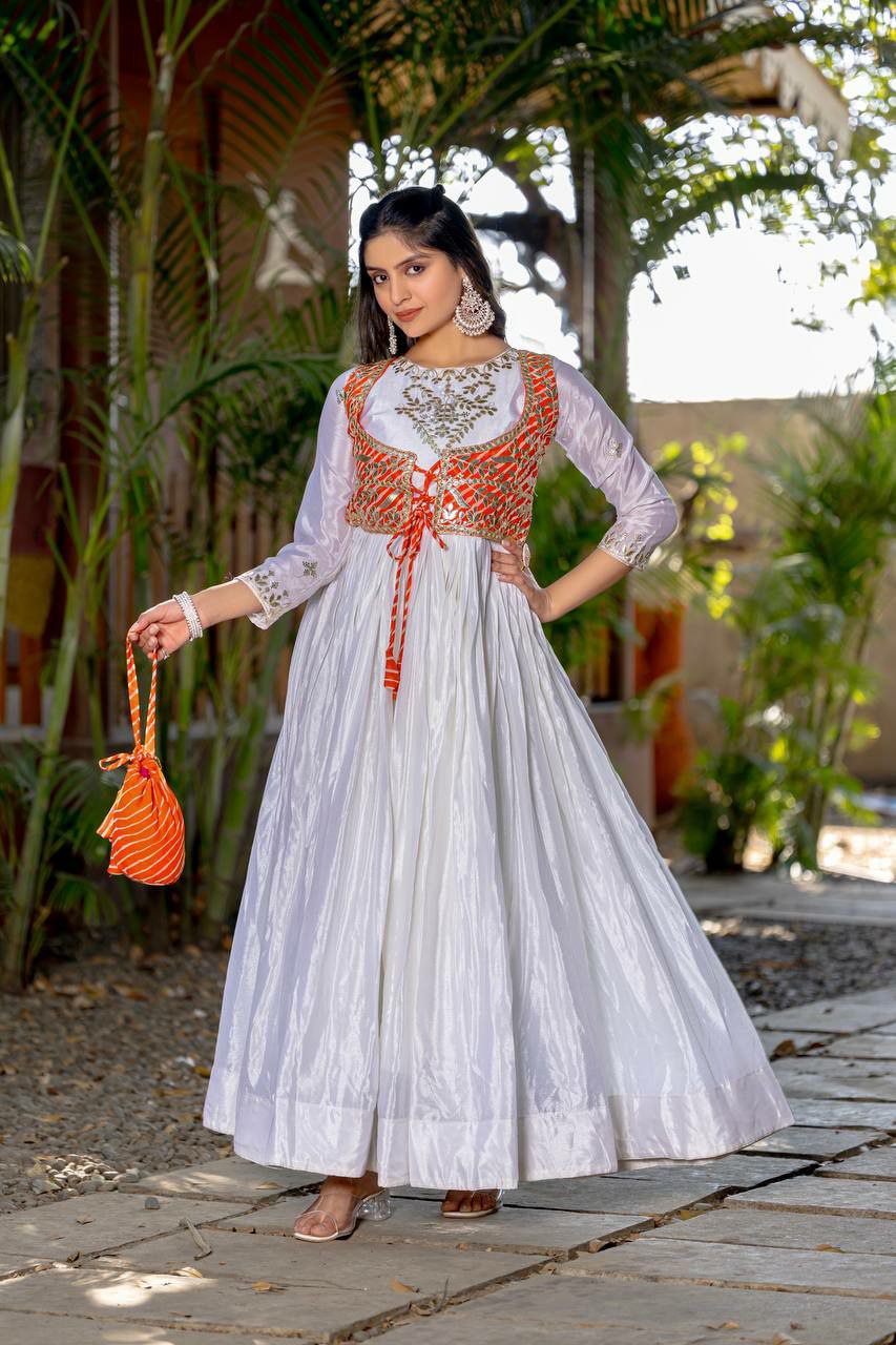 Off White Chinon Silk Anarkali Gown with Jacket and Hand Purse