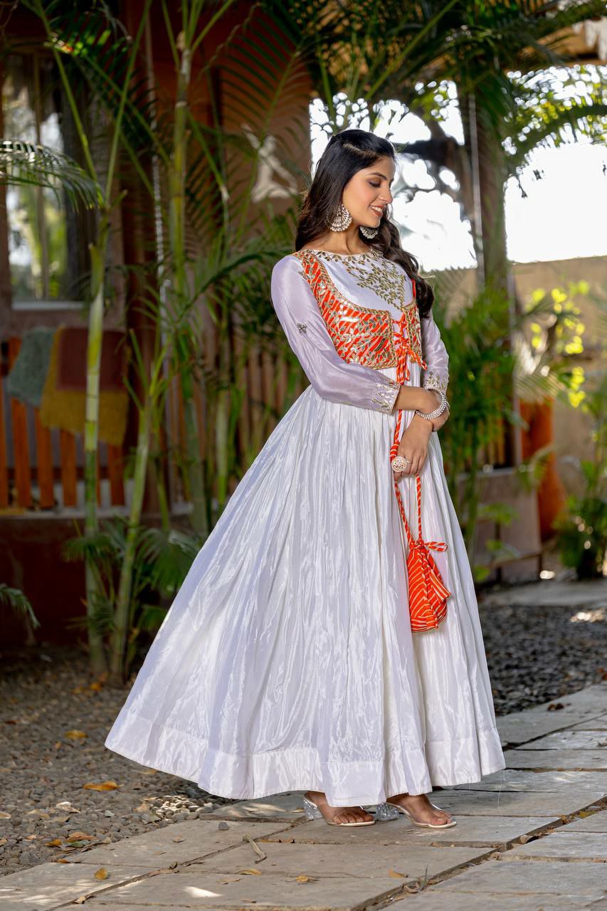 Off White Chinon Silk Anarkali Gown with Jacket and Hand Purse