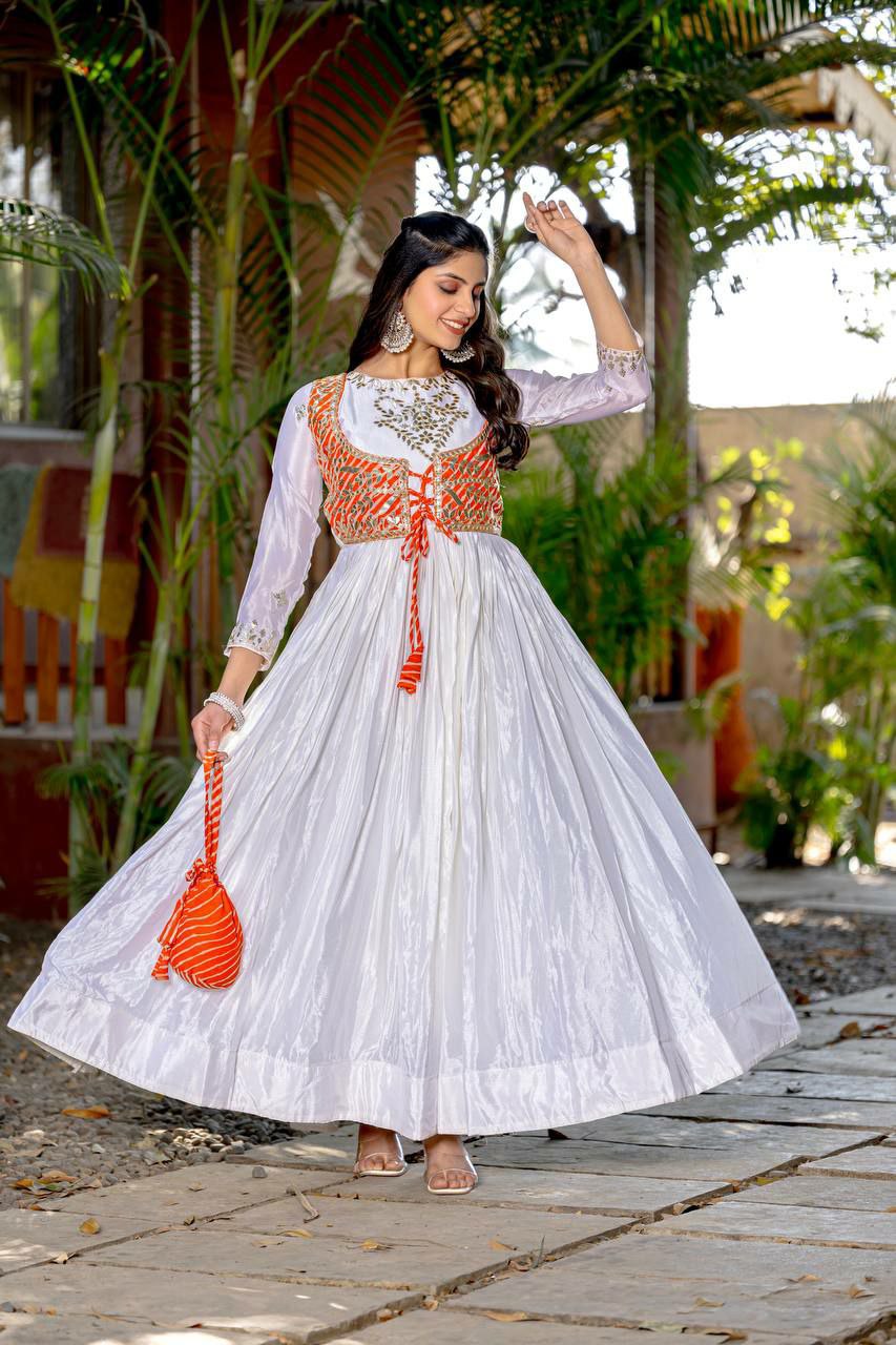 Off White Chinon Silk Anarkali Gown with Jacket and Hand Purse