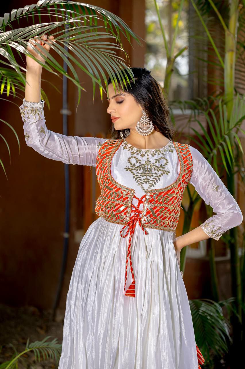 Off White Chinon Silk Anarkali Gown with Jacket and Hand Purse