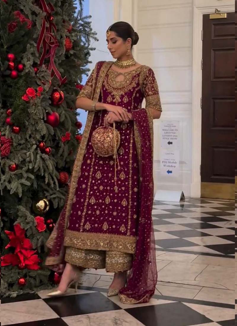 Wine Georgette Embroidered Salwar Suit