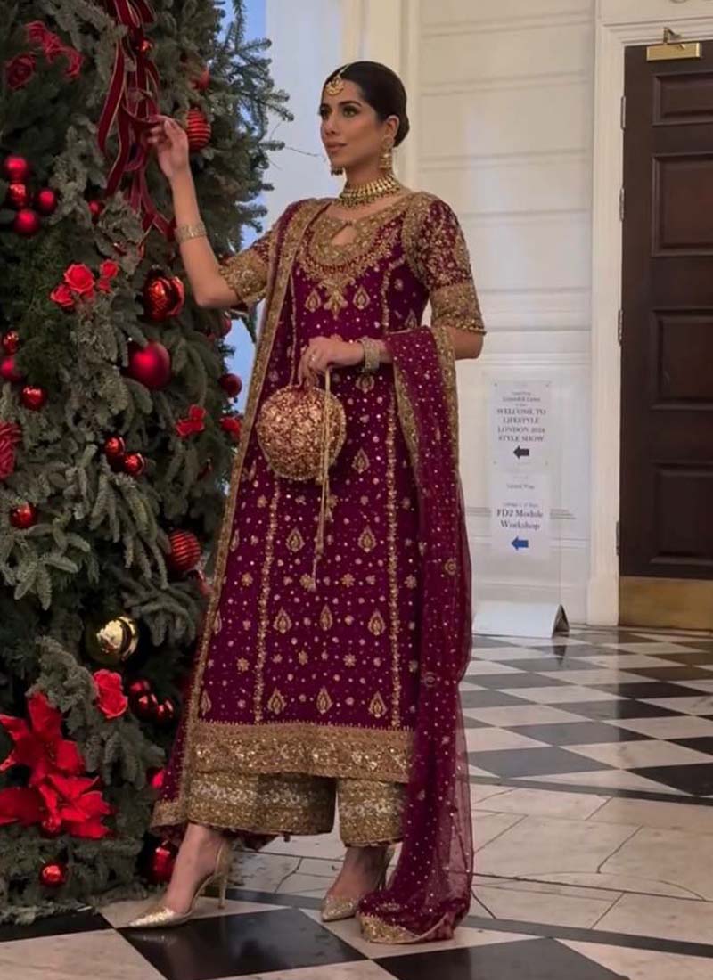 Wine Georgette Embroidered Salwar Suit