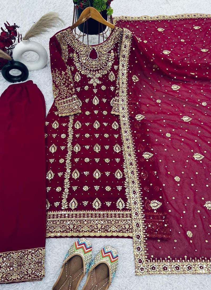 Wine Georgette Embroidered Salwar Suit