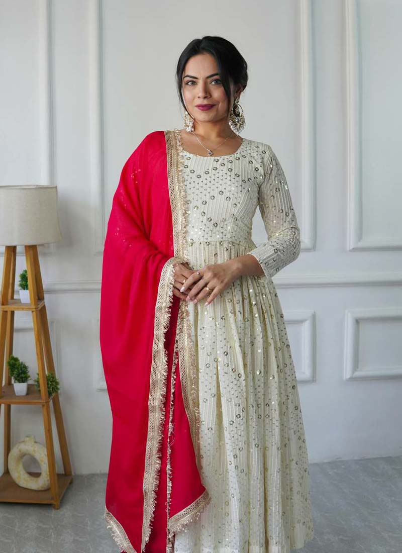 Off White Georgette Embroidered Anarkali Gown