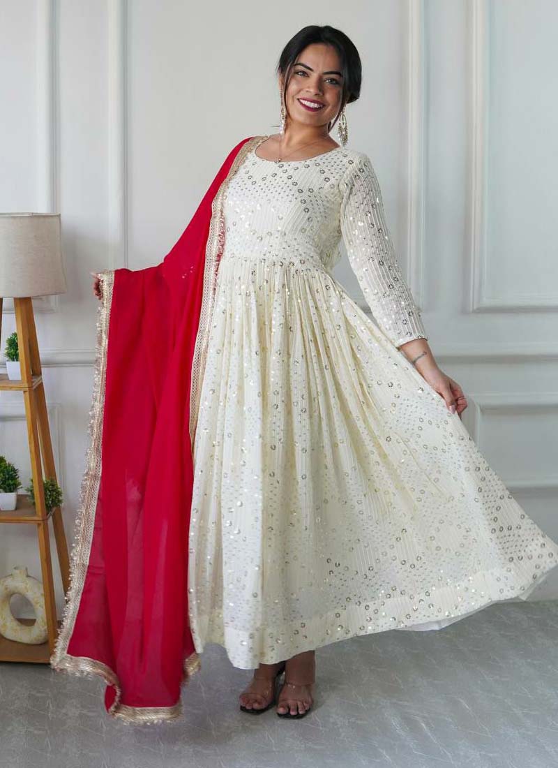 Off White Georgette Embroidered Anarkali Gown