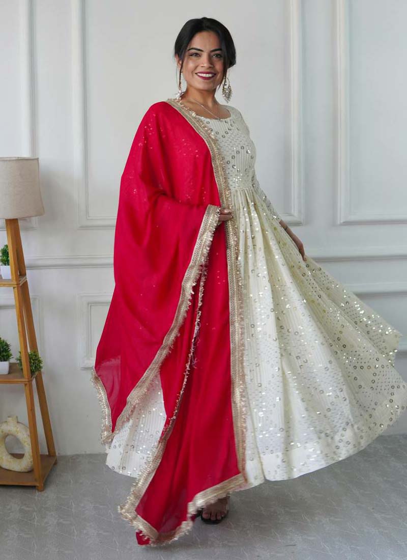 Off White Georgette Embroidered Anarkali Gown
