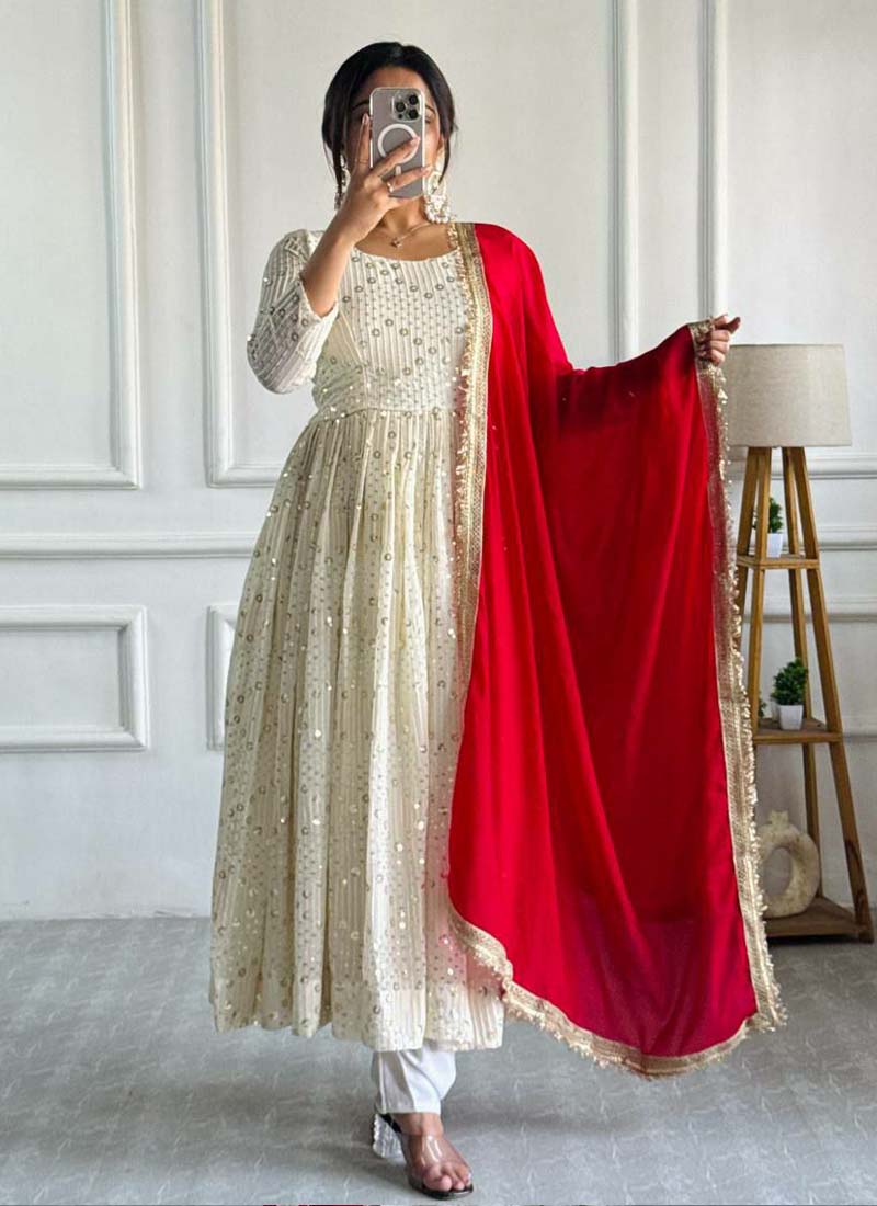 Elegant off white georgette anarkali gown with embroidered details