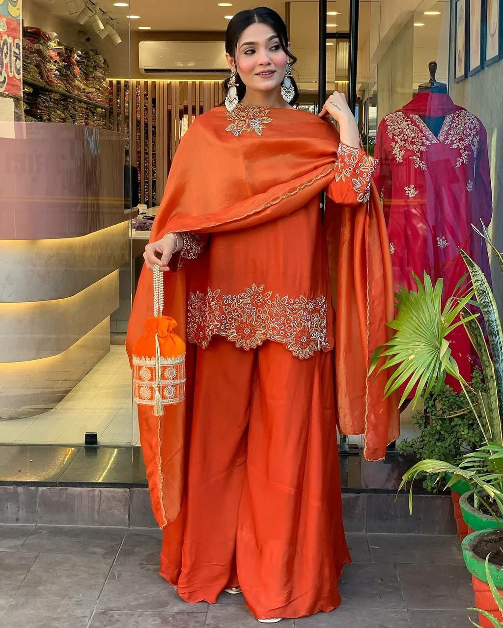 Orange Georgette Embroidered Palazzo Suit with Full Sleeves