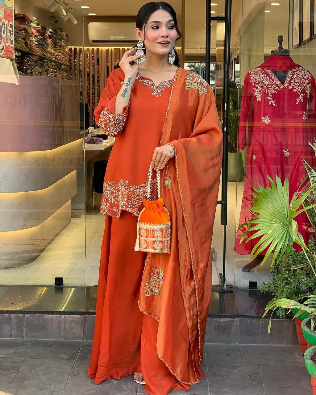 Orange Georgette Embroidered Palazzo Suit with Full Sleeves