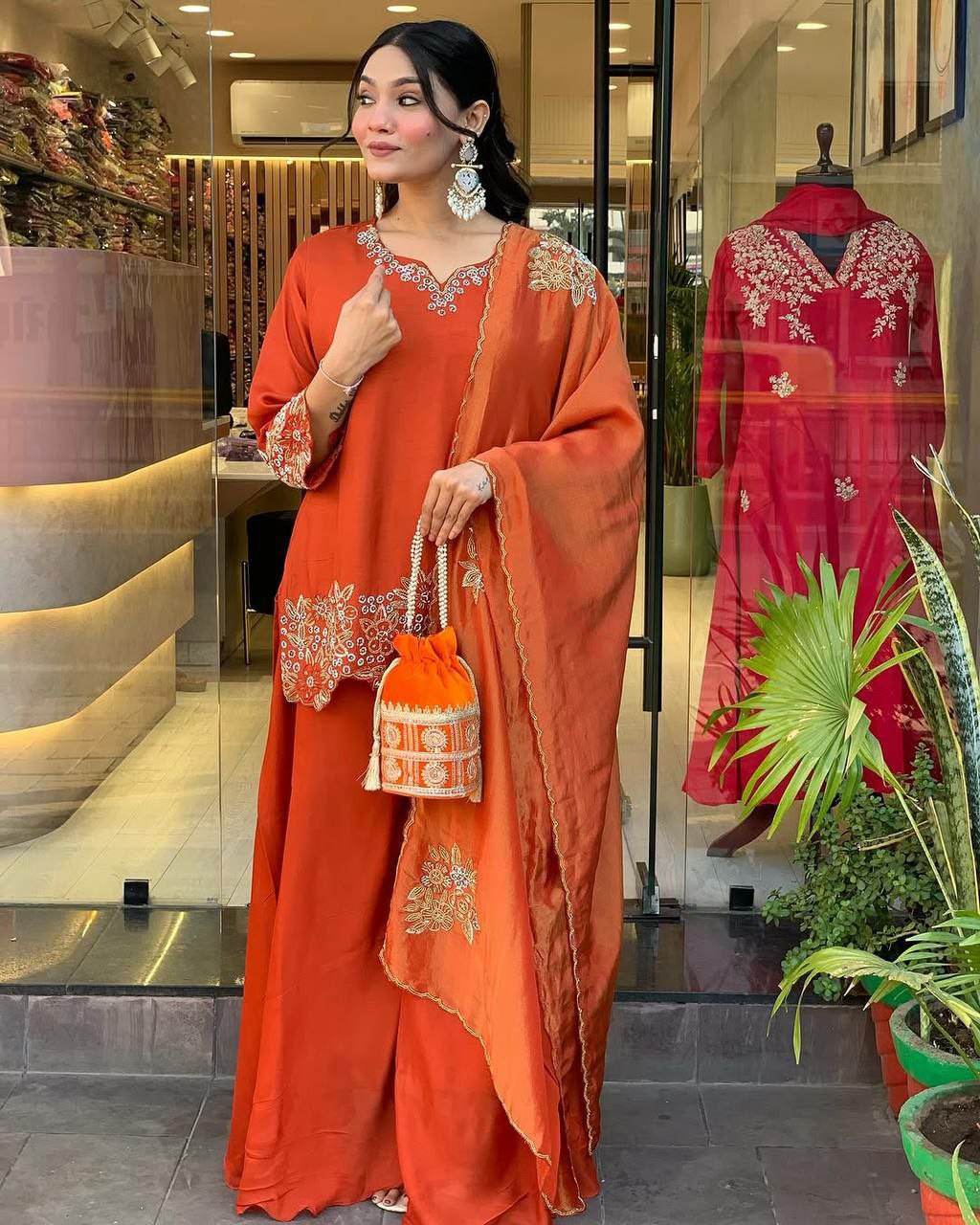 Orange Georgette Embroidered Palazzo Suit with Full Sleeves