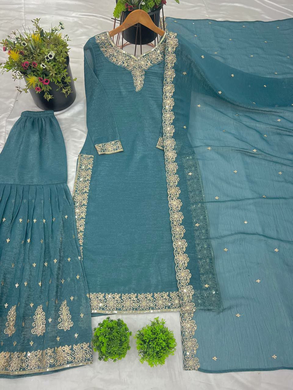 Sky Blue Heavy Crunchy Silk Embroidered Palazzo Suit