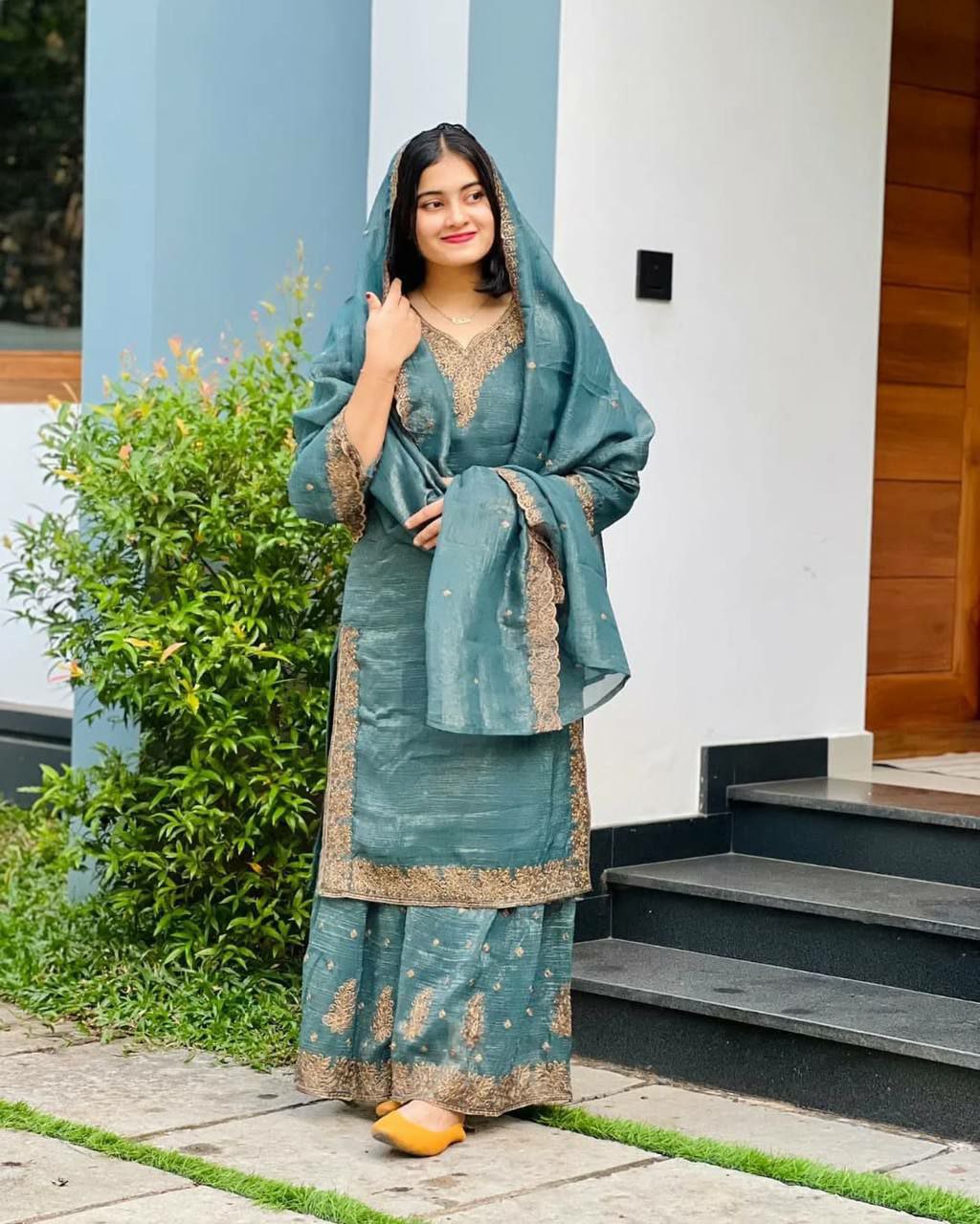 Sky blue heavy crunchy silk palazzo suit with detailed embroidery and sequins
