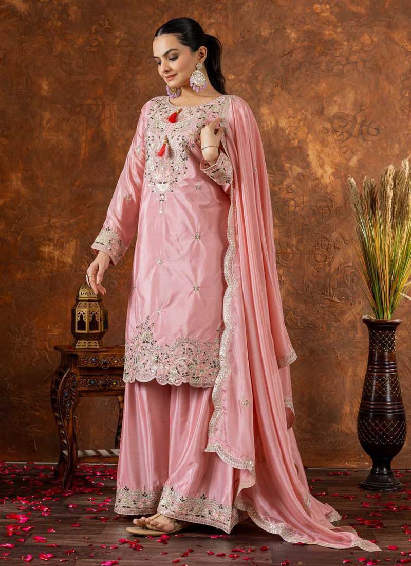 Baby Pink Chinon Silk Embroidered Palazzo Suit for Special Occasions