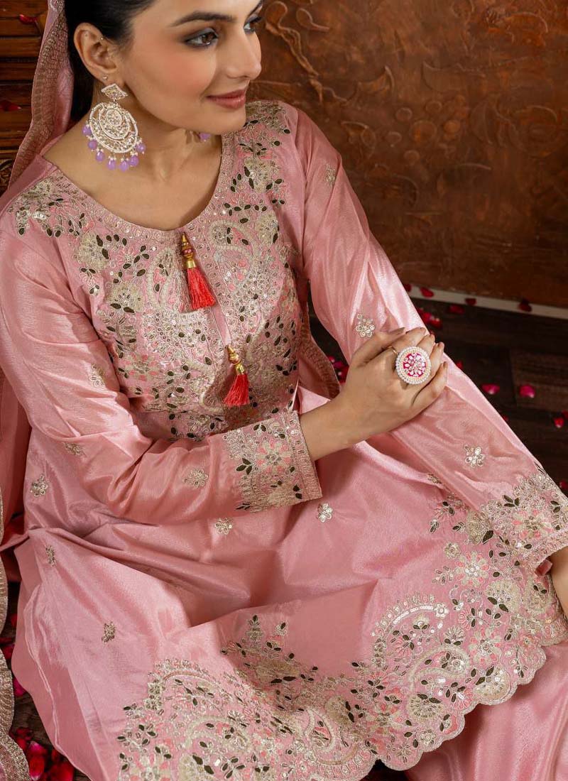 Baby Pink Chinon Silk Embroidered Palazzo Suit for Special Occasions