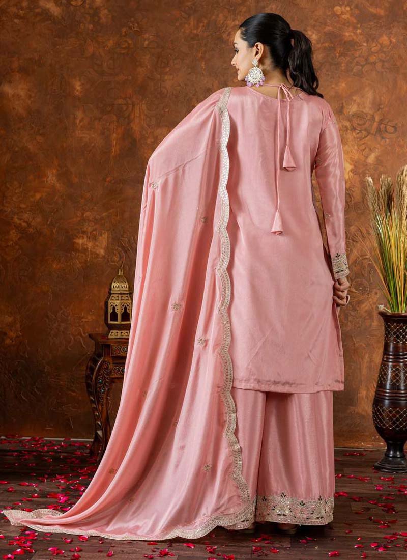 Baby Pink Chinon Silk Embroidered Palazzo Suit for Special Occasions