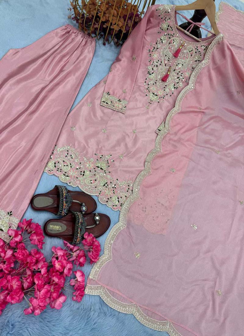 Baby Pink Chinon Silk Embroidered Palazzo Suit for Special Occasions
