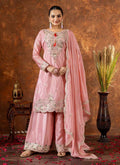 Baby pink Chinon silk palazzo suit with intricate coding dori work and embroidered sequences for kids