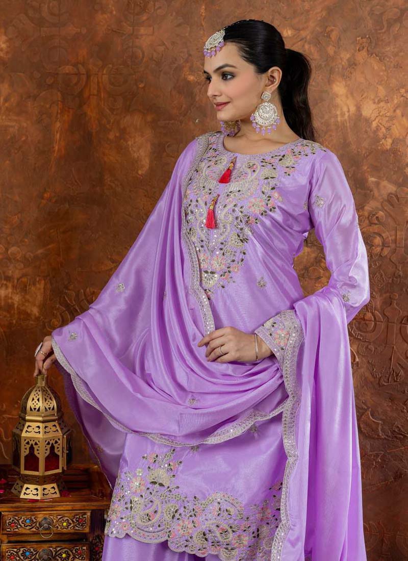 Lavender Chinon Silk Embroidered Palazzo Suit