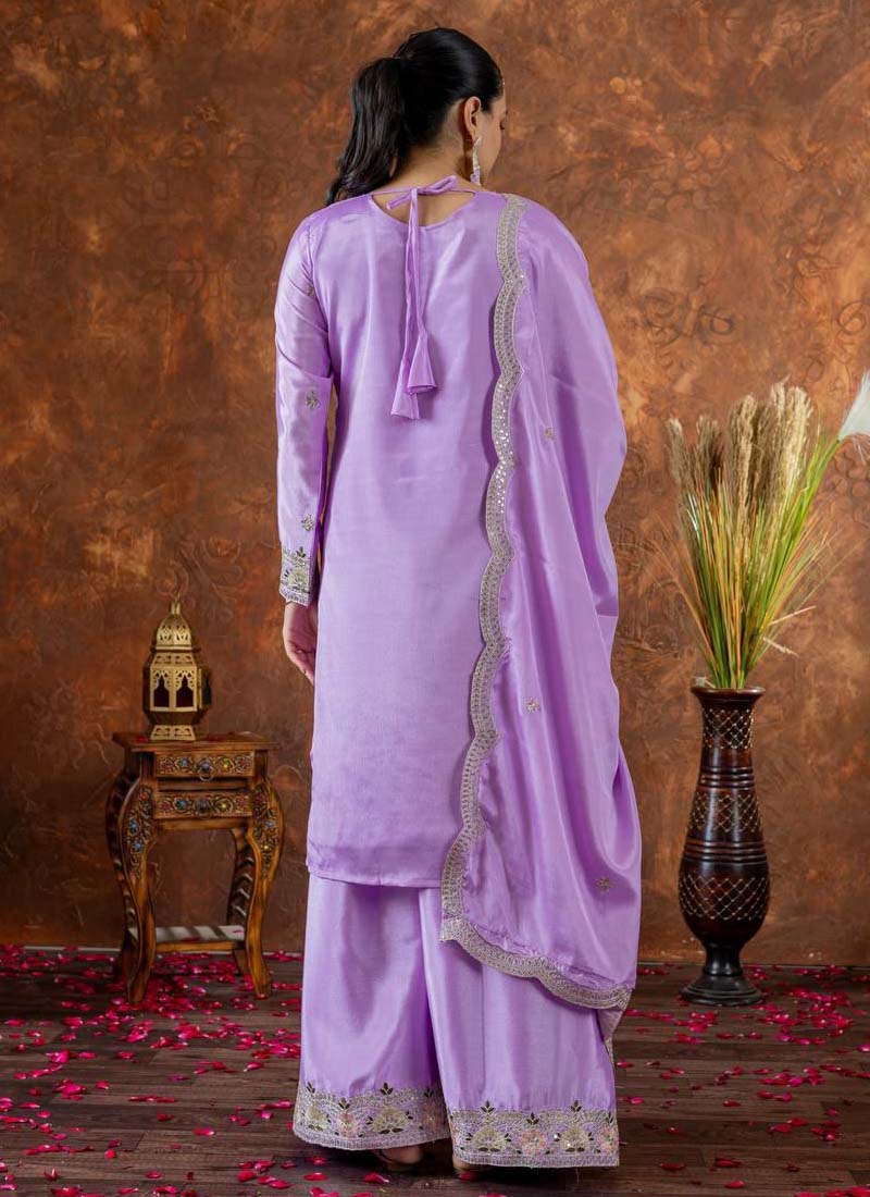 Lavender Chinon Silk Embroidered Palazzo Suit