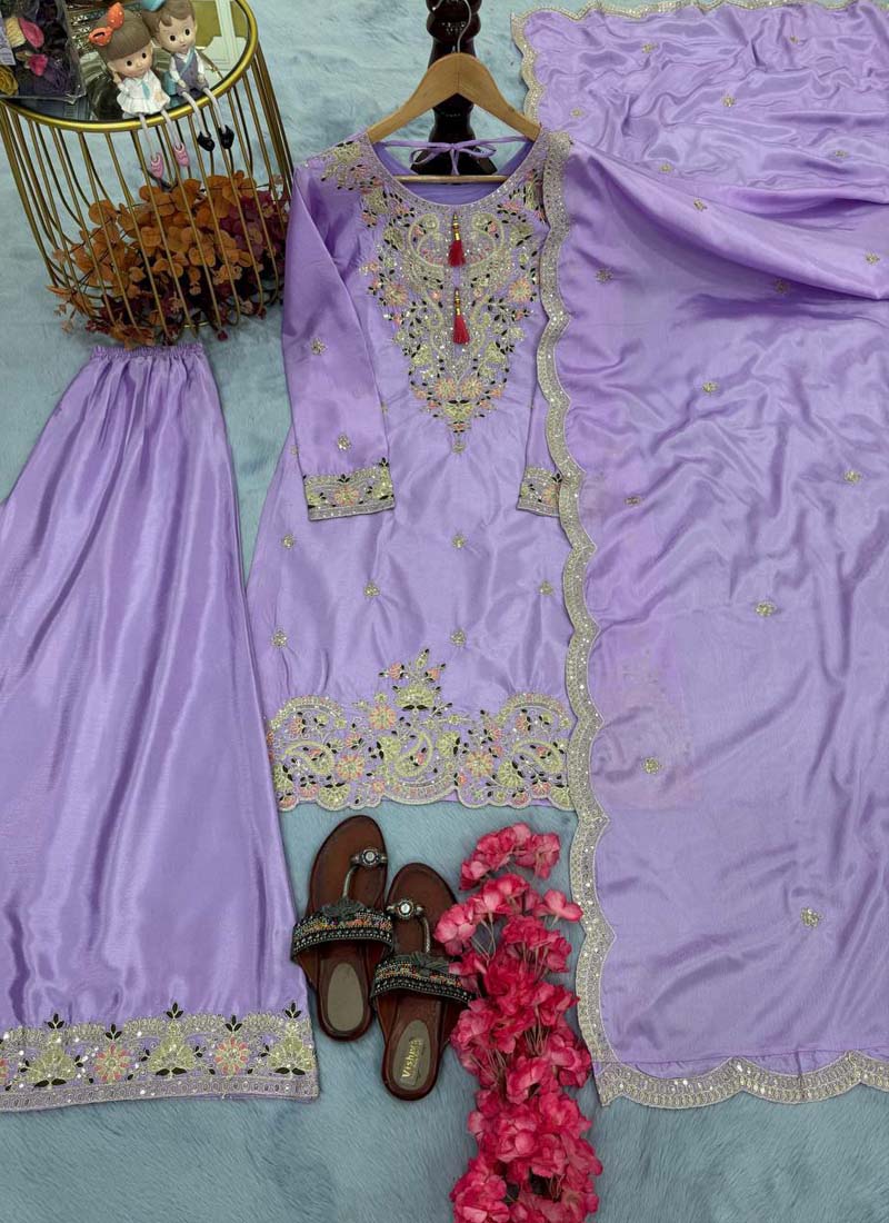 Lavender Chinon Silk Embroidered Palazzo Suit