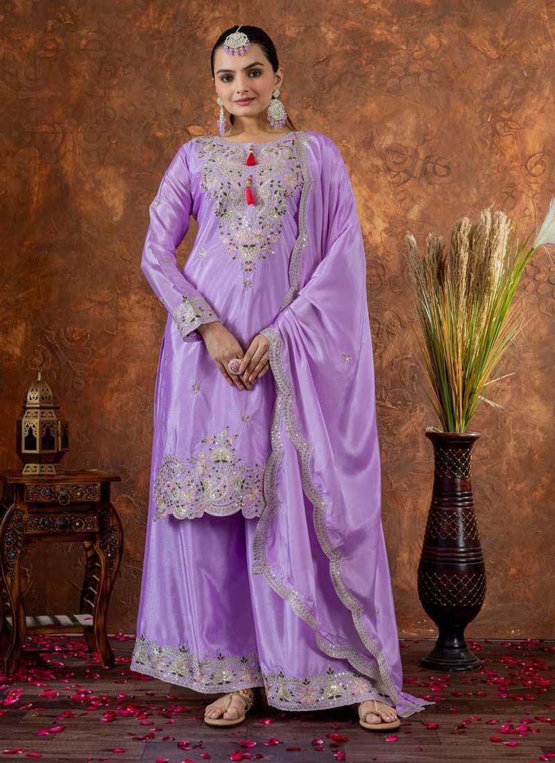 Lavender Chinon silk palazzo suit with detailed dori and sequence embroidery
