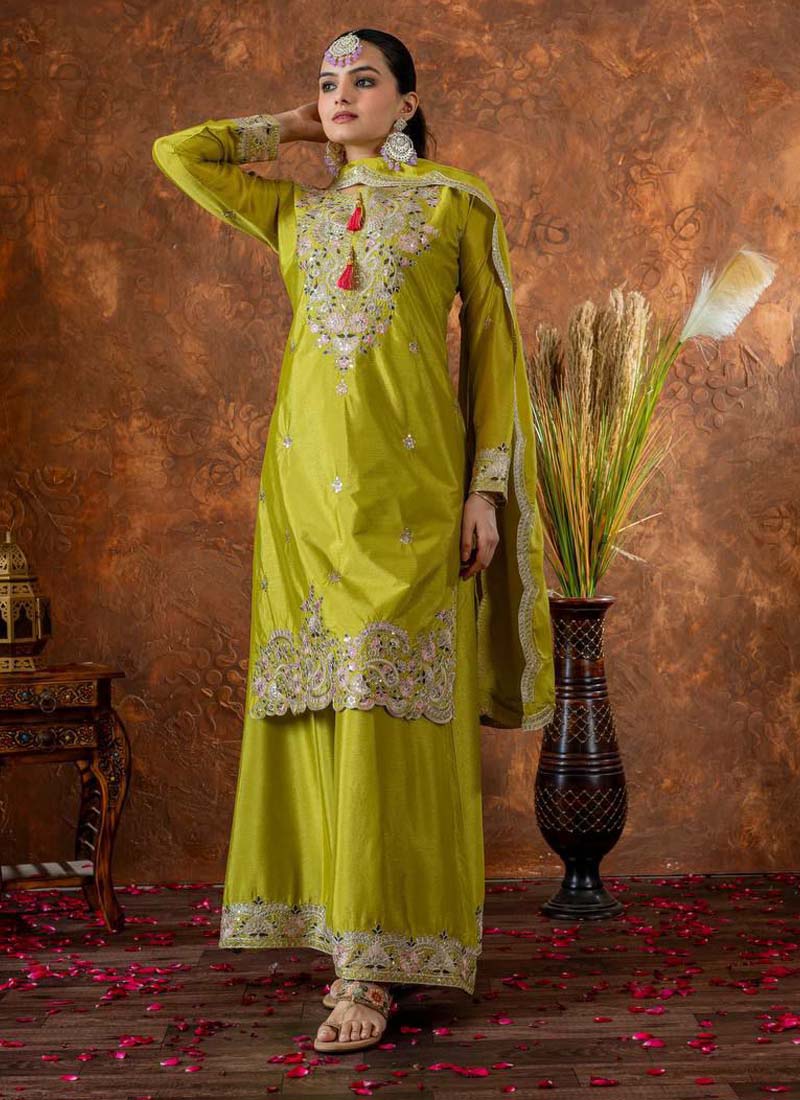 Lime Green Chinon Silk Embroidered Palazzo Suit