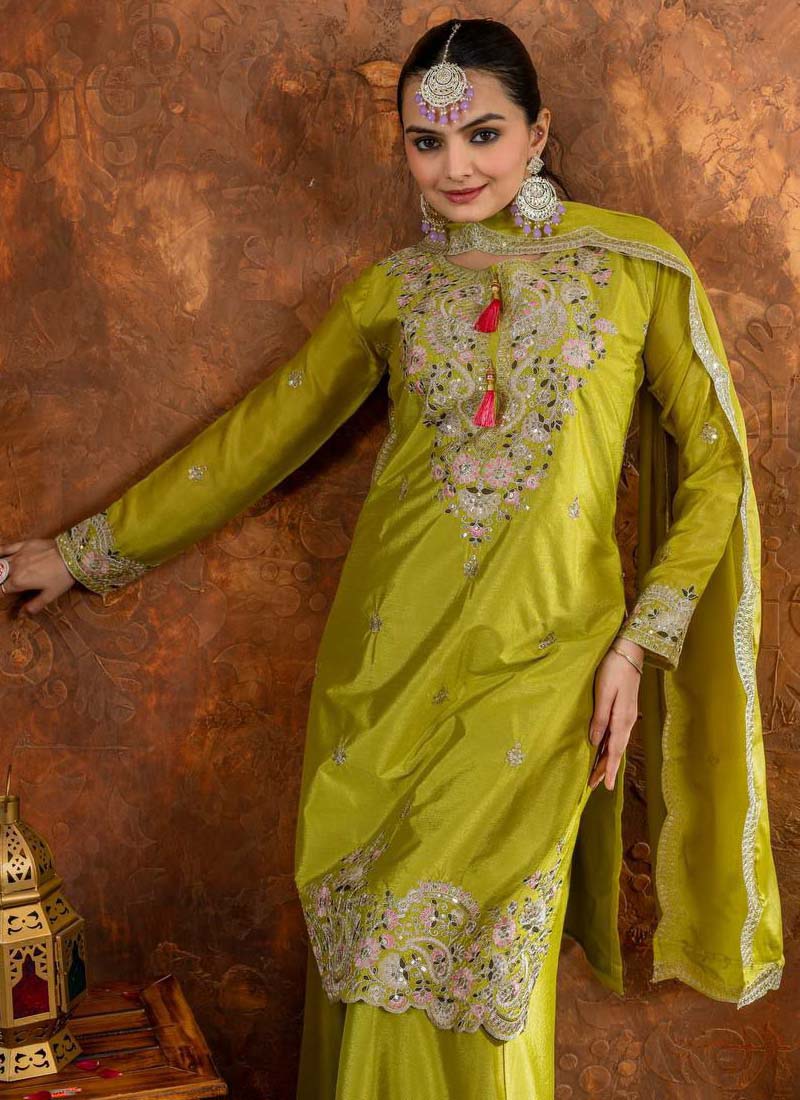 Lime Green Chinon Silk Embroidered Palazzo Suit
