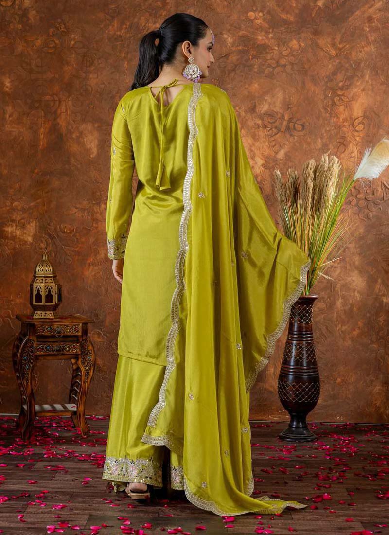 Lime Green Chinon Silk Embroidered Palazzo Suit