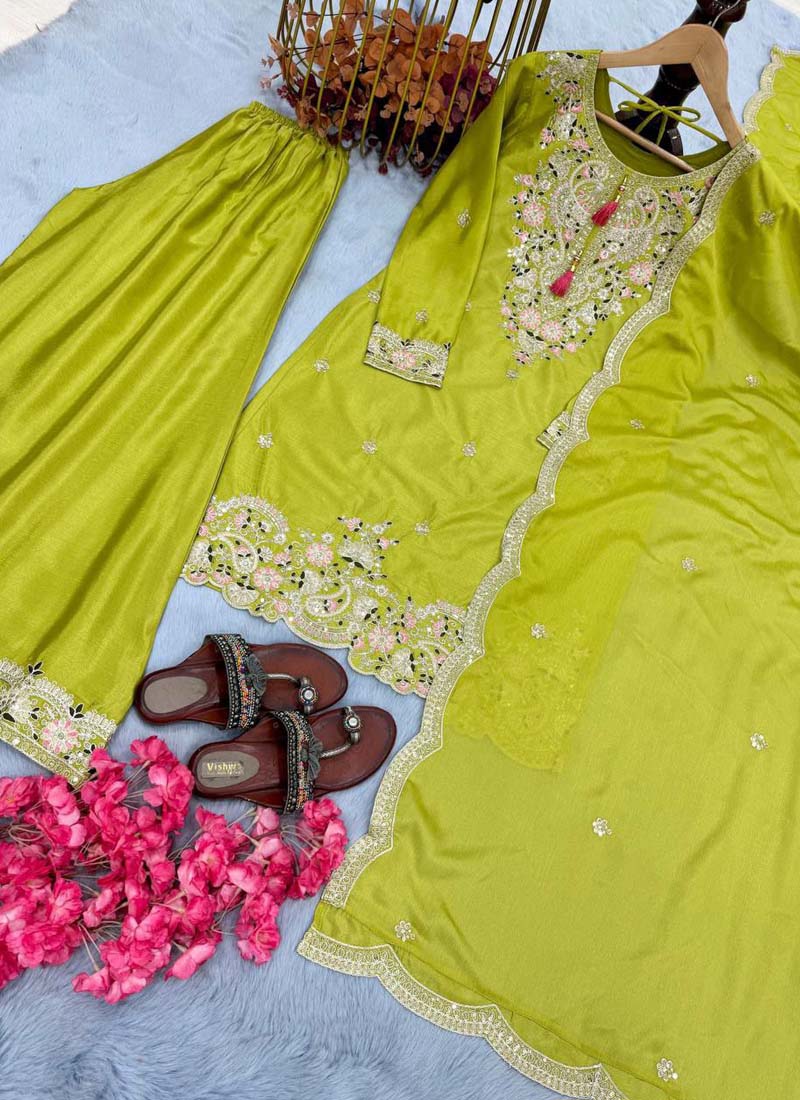 Lime Green Chinon Silk Embroidered Palazzo Suit