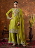 Lime Green Chinon Silk Palazzo Suit with heavy sequence and coding embroidery