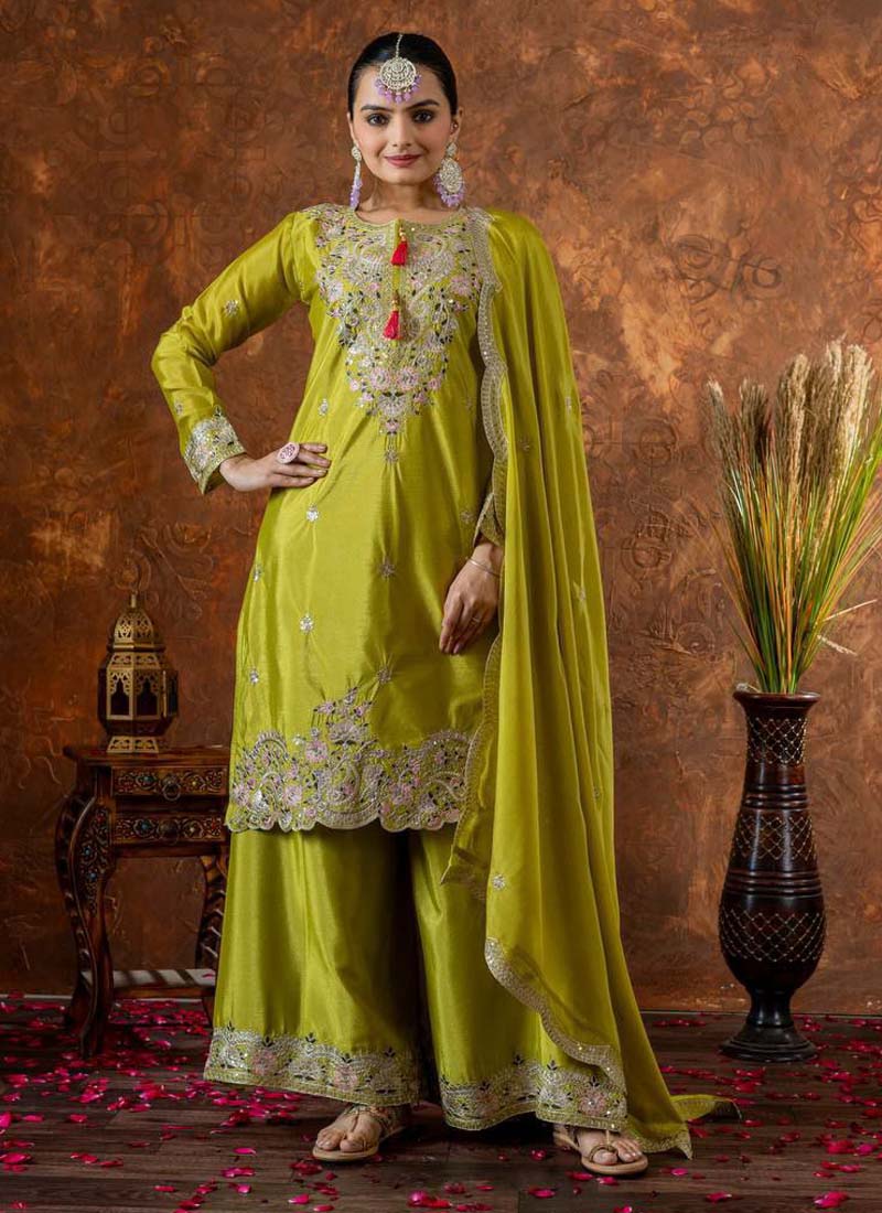 Lime Green Chinon Silk Palazzo Suit with heavy sequence and coding embroidery